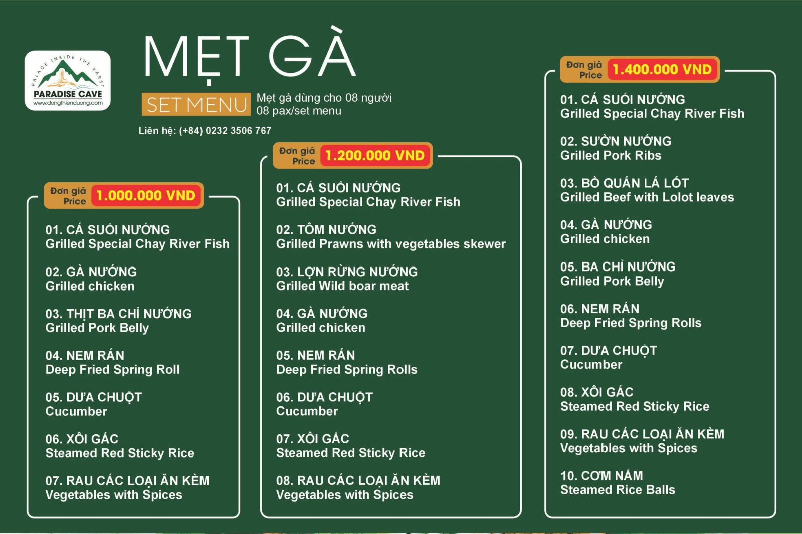 Menu mẹt gà cho 8 người ở Động Thiên Đường
