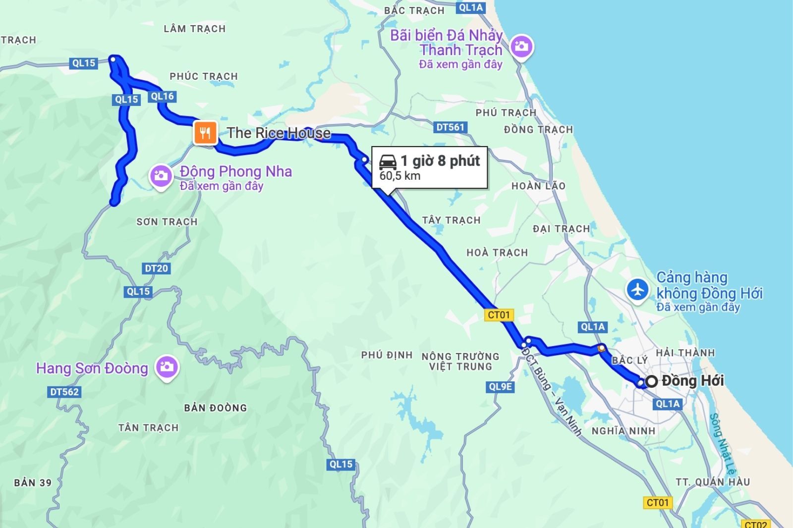 Quãng đường di chuyển từ trung tâm Đồng Hới đến Sông Chày Hang Tối