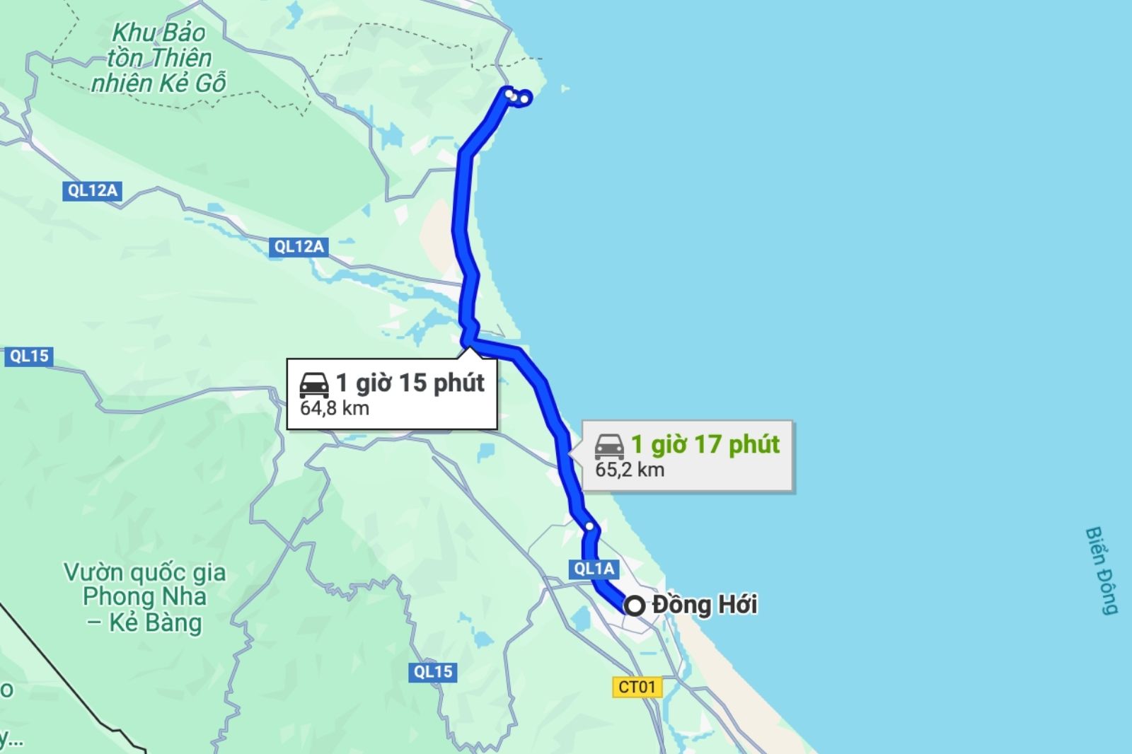 Quãng đường di chuyển từ trung tâm Đồng Hới đến Vũng Chùa - Đảo Yến