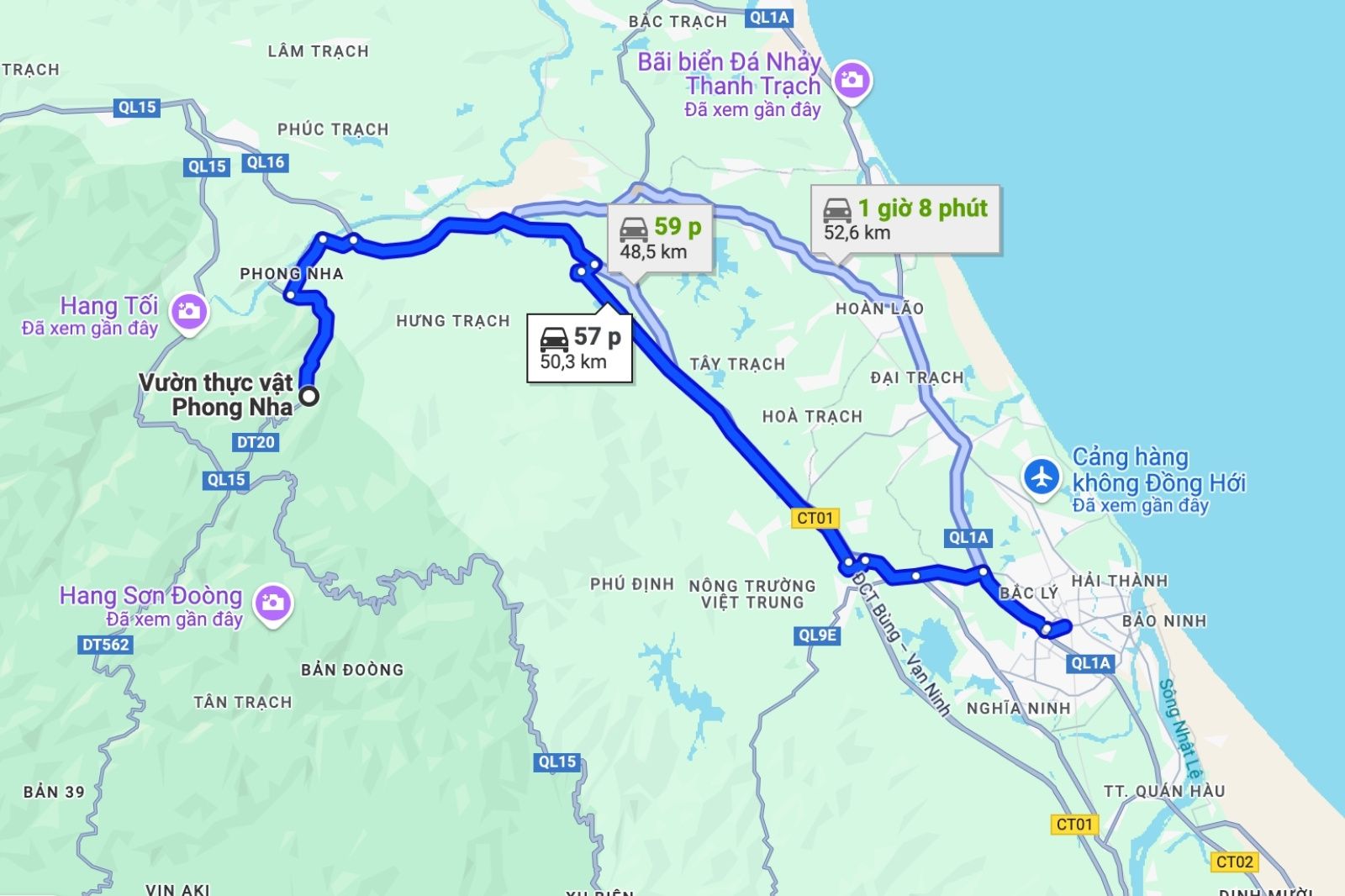 Quãng đường di chuyển từ trung tâm Đồng Hới đến Vườn thực vật Phong Nha theo tuyến đường cao tốc