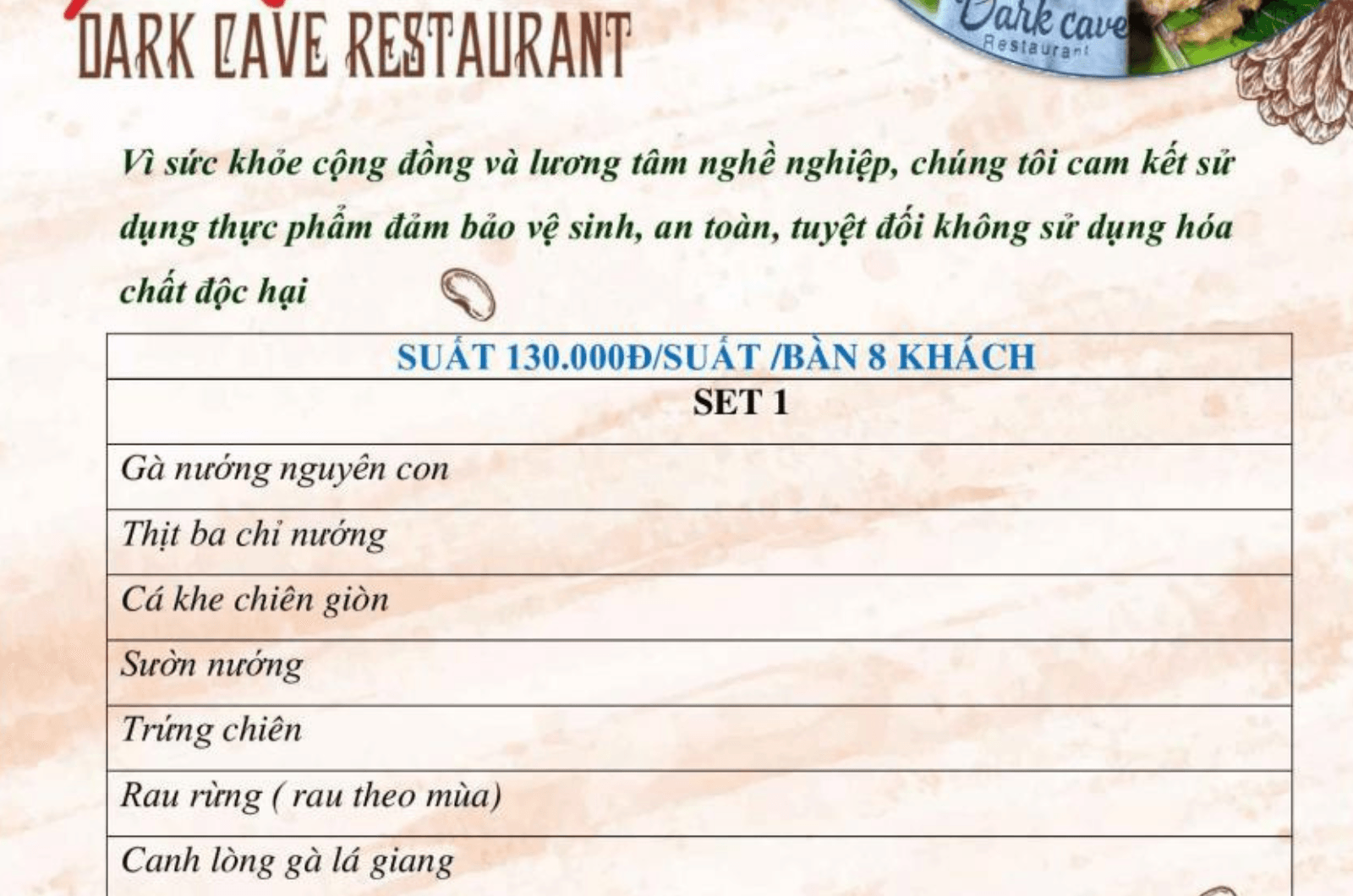 Thực đơn tham khảo cho suất 130.000 đồng