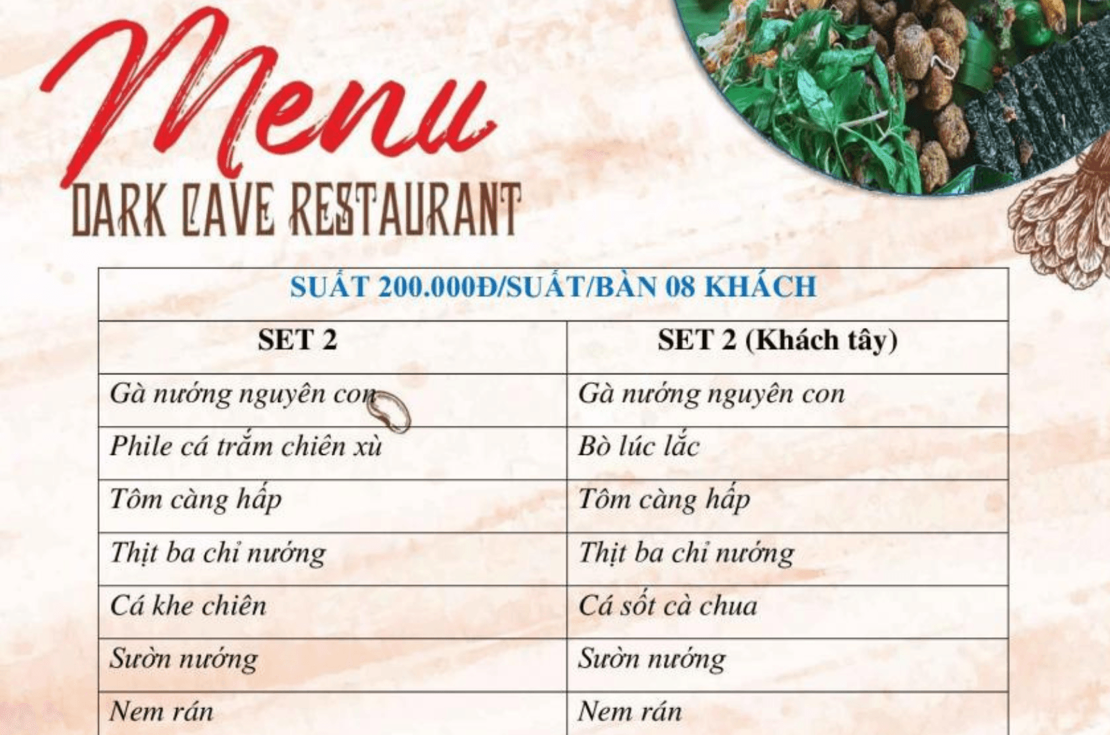 Thực đơn tham khảo cho suất 200.000 đồng cho người Việt và khách Tây