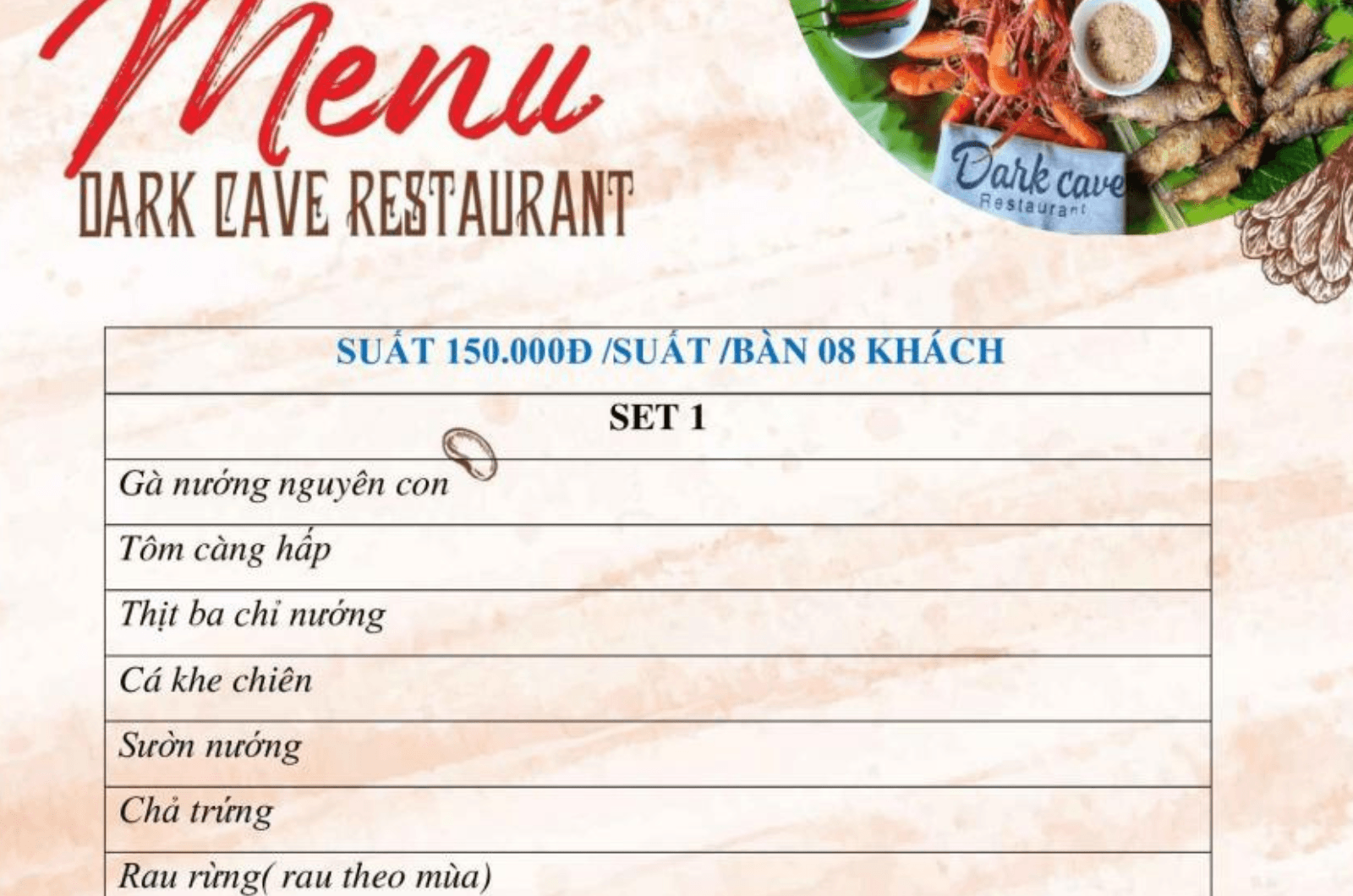 Thực đơn tham khảo cho suất 150.000 đồng