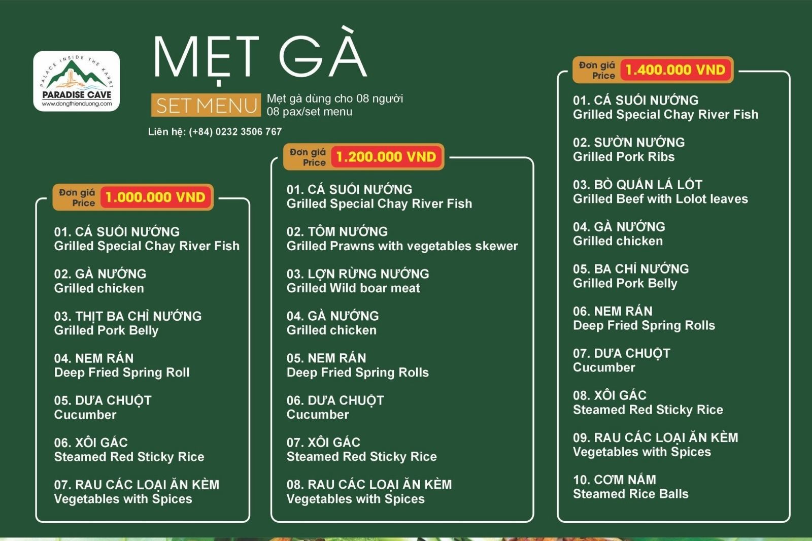 Bảng giá menu mẹt gà ở Động Thiên Đường 