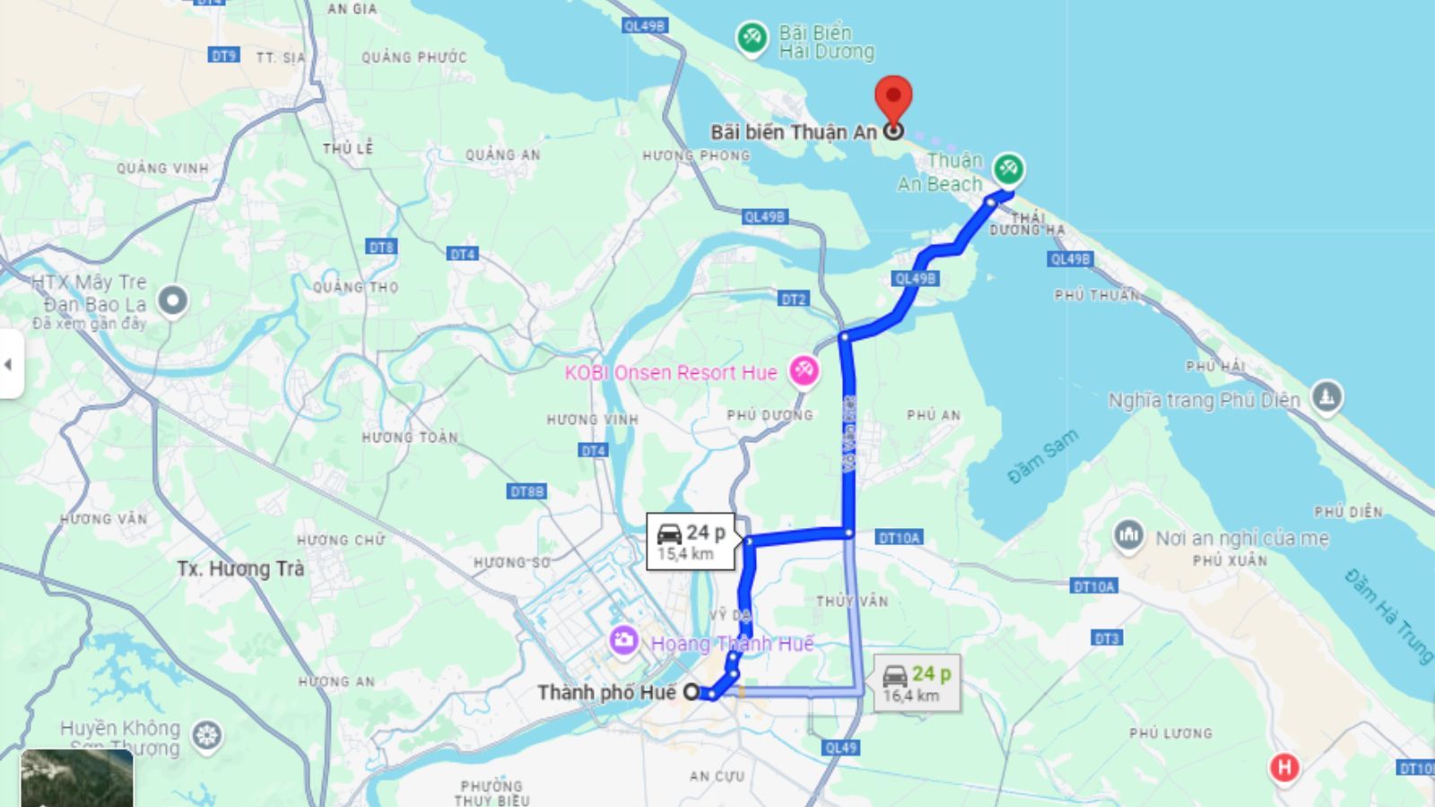 Bản đồ chỉ đường đến bãi biển Thuận An.