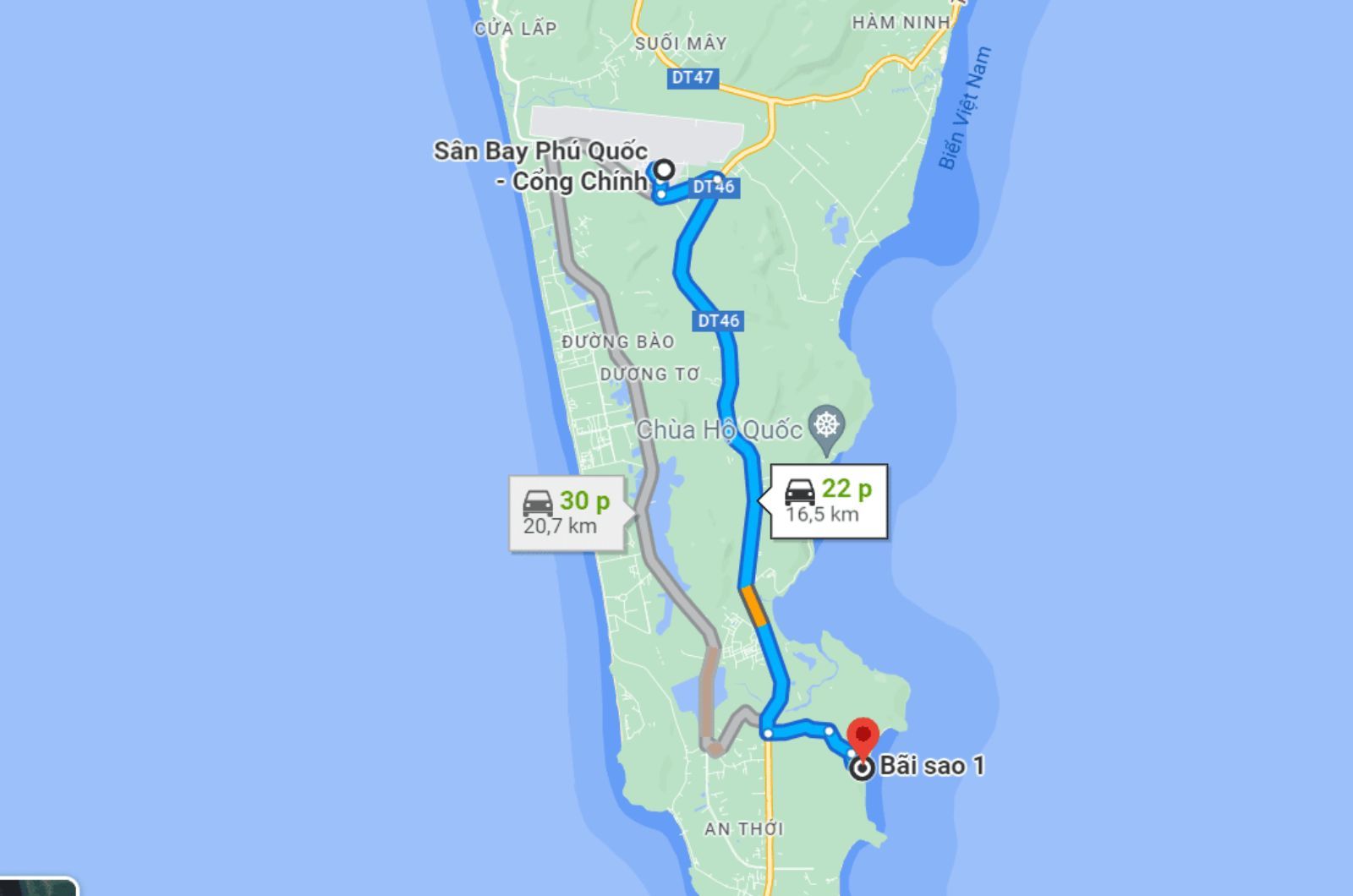 Khoảng cách từ sân bay đến Bãi Sao 