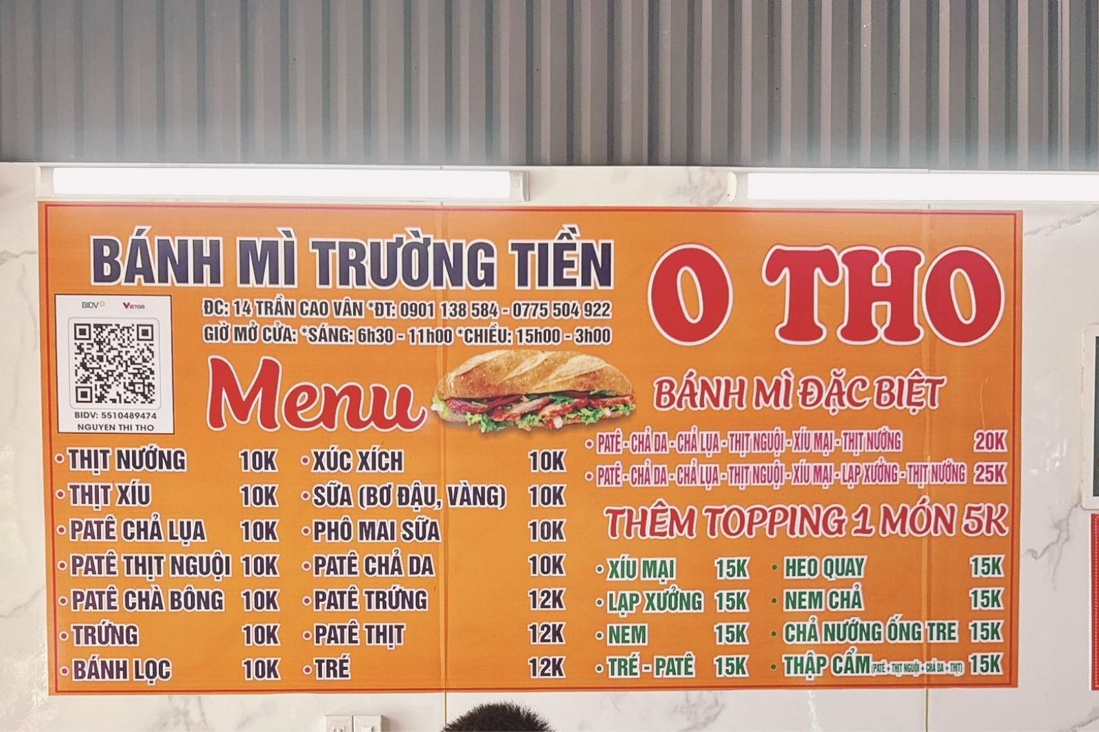 Menu quán bánh mì Trường Tiền o Tho